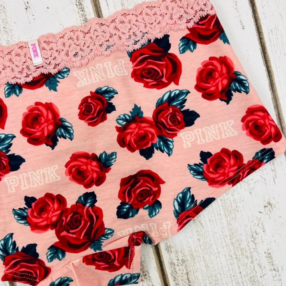 VS PINK Logo Boyshort Pantie Medium Red Roses Rare Print - Picture 3 of 6